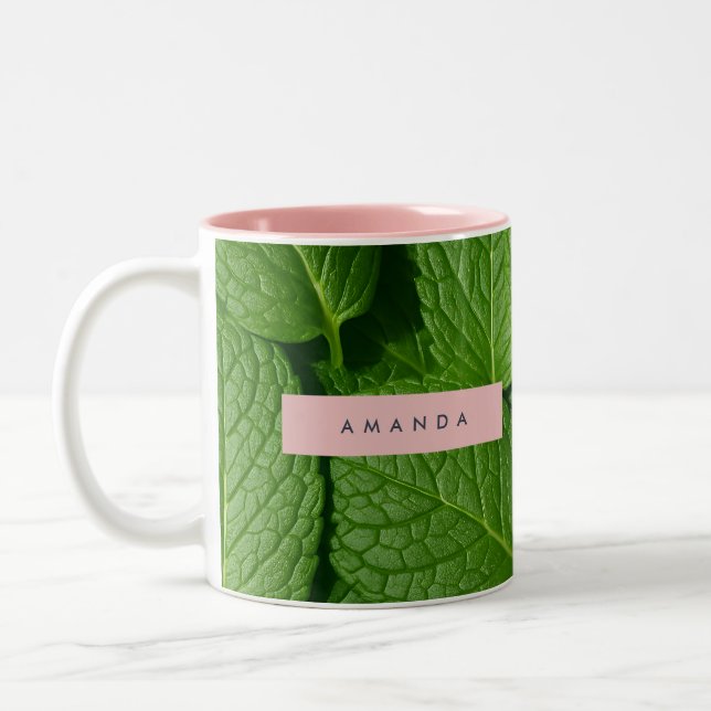Personalized Vibrant Green Fresh Mint Leaf  Two-Tone Coffee Mug (Left)