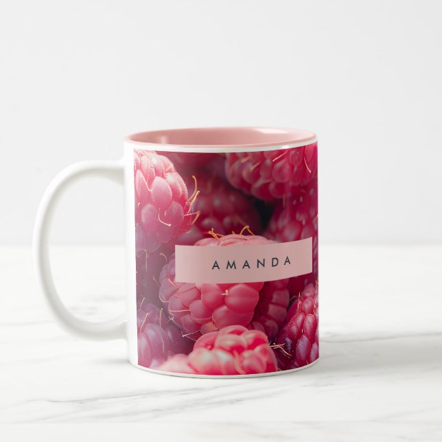 Personalized Vibrant Raspberry Bliss Pink Fruit Two-Tone Coffee Mug (Left)
