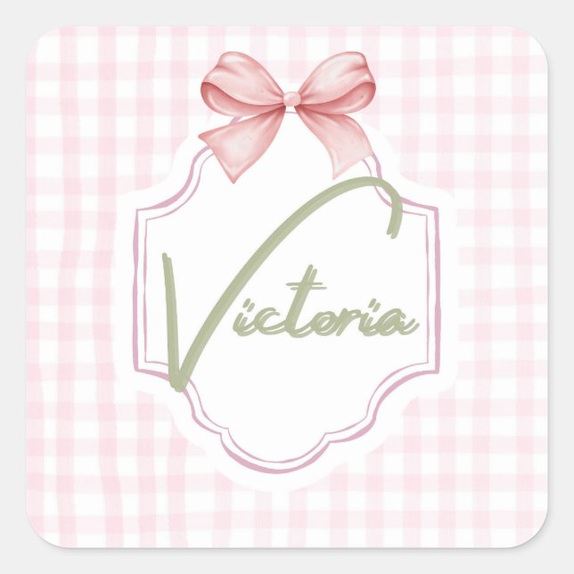 Personalized Victoria Baby Girl Nursery Bow Square Sticker (Front)