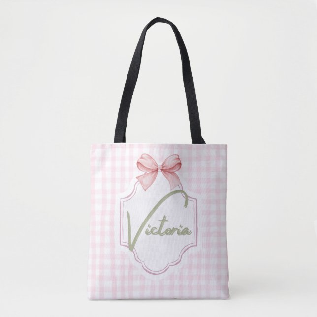 Personalized Victoria Baby Girl Nursery Bow Tote Bag (Front)