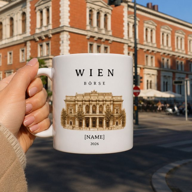Personalized Vienna Stock Exchange Mug | Name & Ye (Wiener Börse erleben – deine personalisierte Tasse vor historischer Kulisse in Wien)