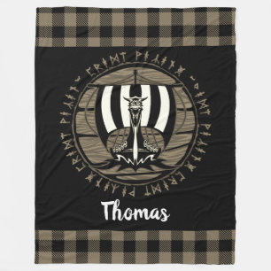 Personalized Viking Dragon Long Ship Runes Black Fleece Blanket