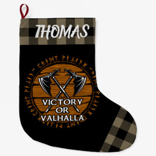Personalized Viking Victory or Valhalla Tan Black Large Christmas Stocking