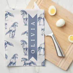 Personalized Vintage Blue Horse Classic Country Tea Towel
