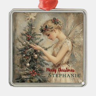 Personalized Vintage Christmas Fairy and Tree Metal Ornament