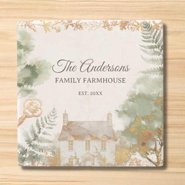 Personalized Vintage Country House Family Name Stone Coaster (In situ)