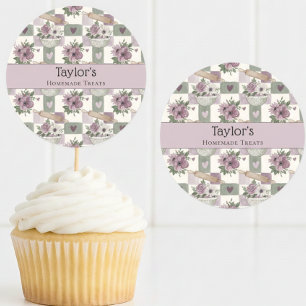 Personalized Vintage Floral Check Cupcake Topper Classic Round Sticker