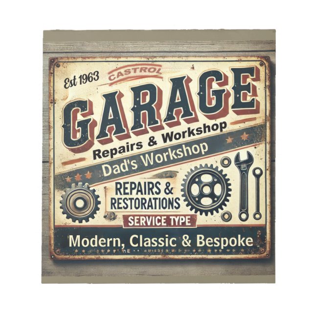 Personalized Vintage Garage Notepad (Front)
