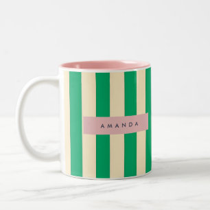Personalized Vintage Green and Cream Stripe Two-Tone Coffee Mug