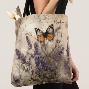 Personalized Vintage Lavender Butterfly Art Tote Bag