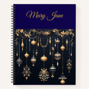 Personalized Vintage Navy Blue and Gold Christmas Notebook