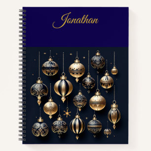 Personalized Vintage Navy Blue and Gold Christmas Notebook