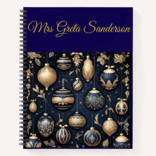 Personalized Vintage Navy Blue and Gold Christmas Notebook