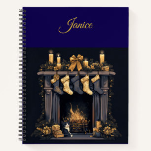 Personalized Vintage Navy Blue and Gold Christmas Notebook