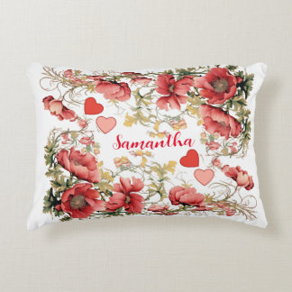 Personalized Vintage Poppy and Hearts  Decorative Cushion
