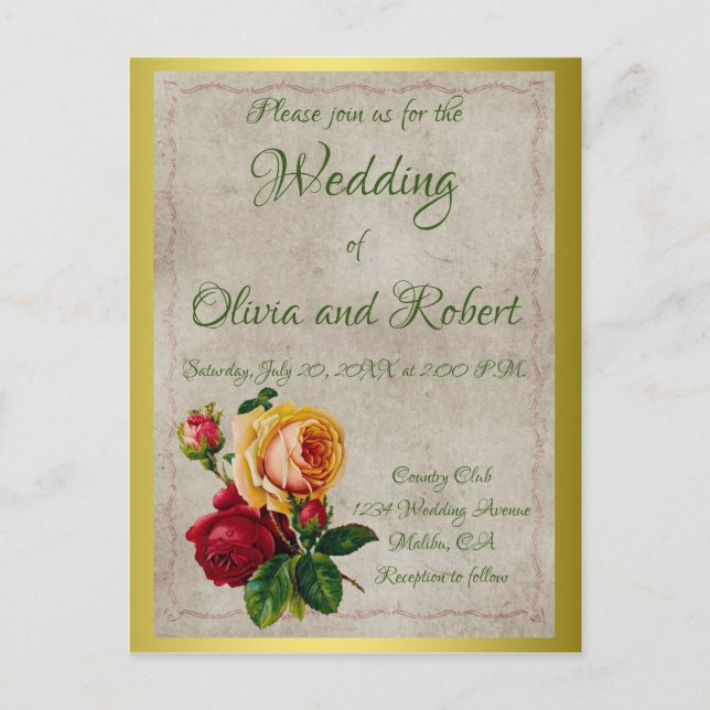 Personalized vintage red and yellow roses postcard (Front)