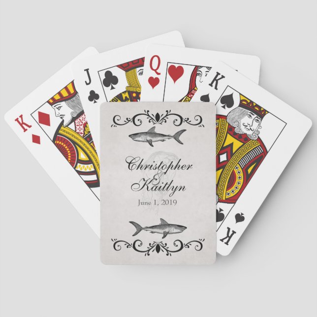 Personalized Vintage Shark Jellyfish Wedding Playing Cards (Back)