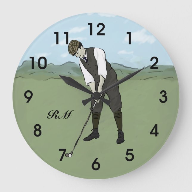 Personalized Vintage style golfer Large Clock (Front)