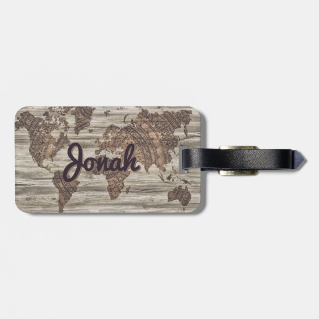 Personalized vintage world map luggage tag (Back Horizontal)