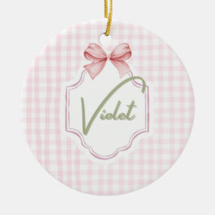 Personalized Violet Baby Girl Nursery Bow&Gingham Ceramic Ornament