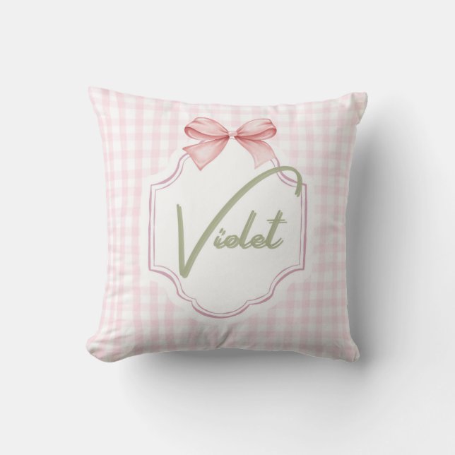 Personalized Violet Baby Girl Nursery Bow&Gingham  Cushion (Front)