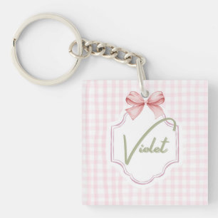 Personalized Violet Baby Girl Nursery Bow&Gingham  Key Ring