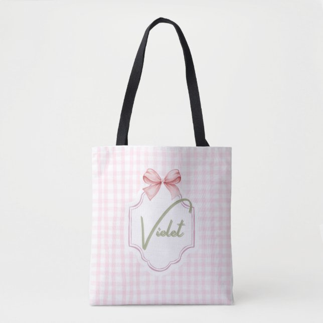 Personalized Violet Baby Girl Nursery Bow&Gingham  Tote Bag (Front)