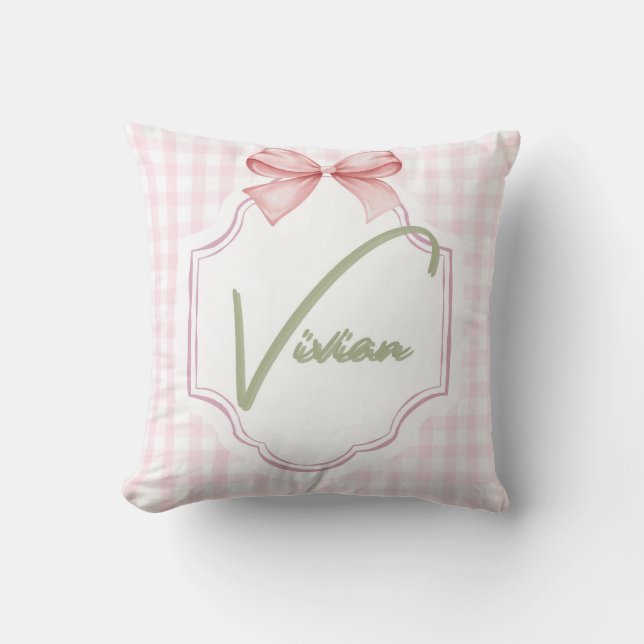 Personalized Vivian Baby Girl Nursery Bow&Gingham Cushion (Front)