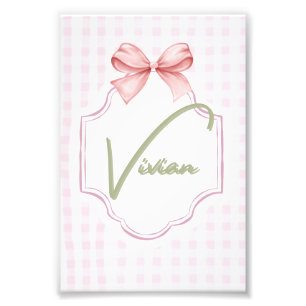 Personalized Vivian Baby Girl Nursery Bow&Gingham Photo Print