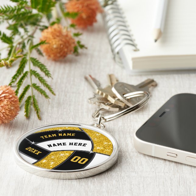 Personalized Volleyball Team Gifts. Black and Gold Key Ring (Side)
