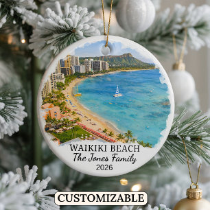 Personalized Waikiki Beach Ornament, Custom Hawaii Ceramic Ornament