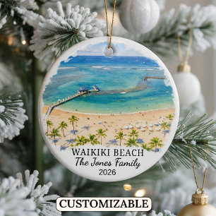 Personalized Waikiki Beach Ornament, Custom Hawaii Ceramic Ornament
