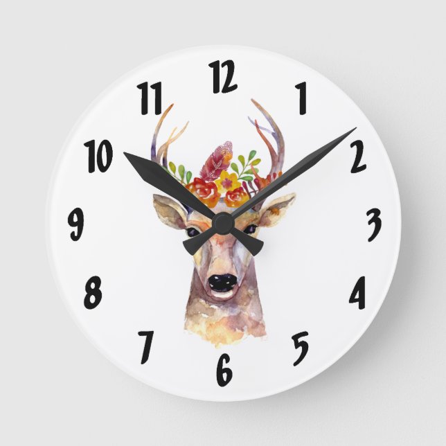 Personalized Wall Clock boho deer Buck Head Browni (Front)