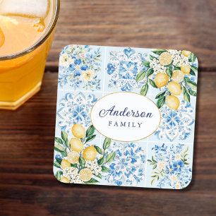 Personalized Watercolor Blue Italian Tile Lemon Coaster