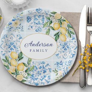 Personalized Watercolor Blue Italian Tile Lemon Paper Plate