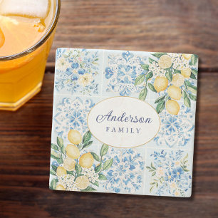 Personalized Watercolor Blue Italian Tile Lemon Stone Coaster