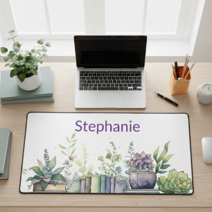 Personalized Watercolor Books and Plants Desk Mat
