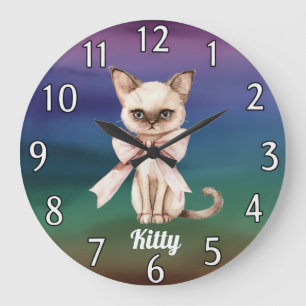 Personalized Watercolor Cat Photo & Name Wall Large Clock