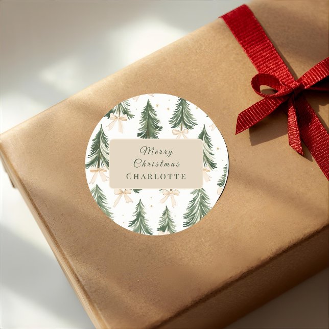 Personalized Watercolor Christmas Tree  Classic Round Sticker (Creator Uploaded)