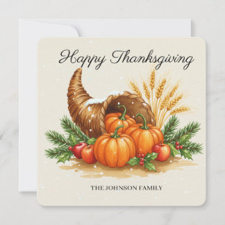 Personalized Watercolor Cornucopia Thanksgiving Card