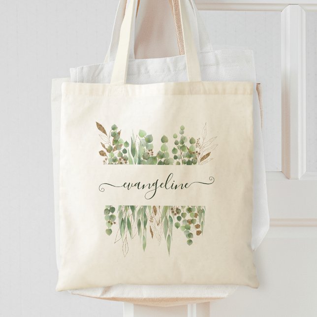 Personalized Watercolor Eucalyptus Greenery Pretty Tote Bag (Creator Uploaded)