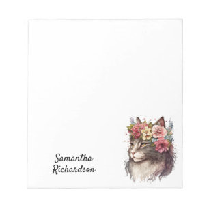 Personalized Watercolor Floral Boho Cat Notepad