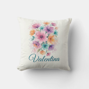 Personalized Watercolor Floral Bouquet Name Throw  Cushion