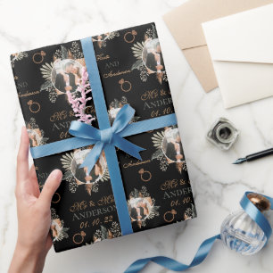 Personalized Watercolor Floral Bride & Groom Black Wrapping Paper