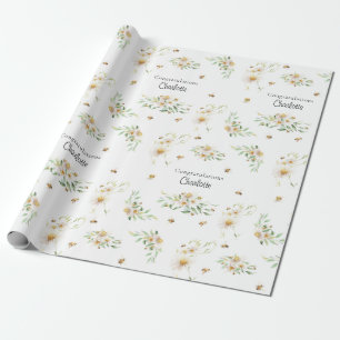 Personalized Watercolor Floral Honeybee Wrapping Paper