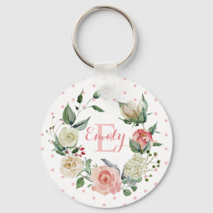 Personalized Watercolor Floral Monogram Pink Rose Key Ring