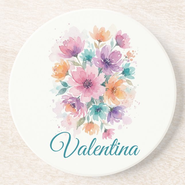 Personalized Watercolor Floral Name Coaster (Front)