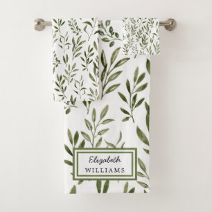Personalized Watercolor Greenery Leaves Bath Towel Set