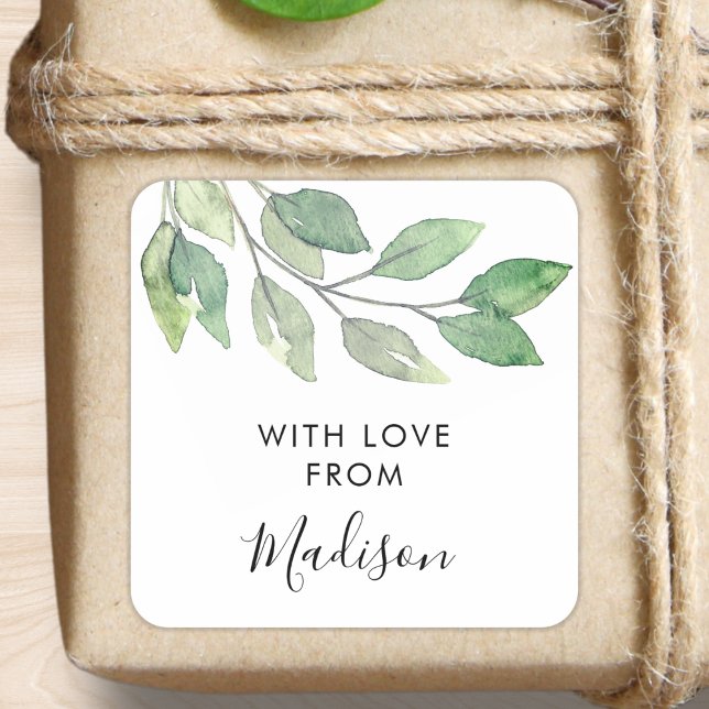 Personalized Watercolor Greenery Square Sticker (Creator Uploaded)