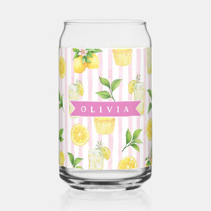 Personalized Watercolor Lemonade Cupcake Stripe Can Glass